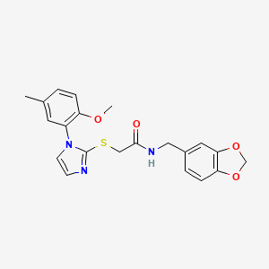 molecular formula C21H21N3O4S B2999964 N-(1,3-benzodioxol-5-ylmethyl)-2-[1-(2-methoxy-5-methylphenyl)imidazol-2-yl]sulfanylacetamide CAS No. 893382-92-8