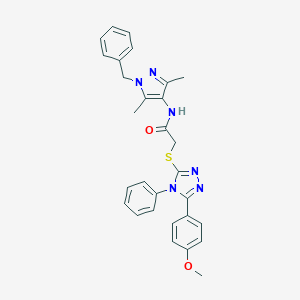 molecular formula C29H28N6O2S B299997 N-(1-benzyl-3,5-dimethyl-1H-pyrazol-4-yl)-2-{[5-(4-methoxyphenyl)-4-phenyl-4H-1,2,4-triazol-3-yl]sulfanyl}acetamide 