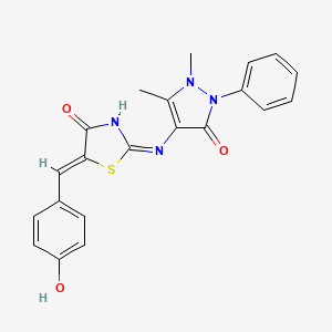 molecular formula C21H18N4O3S B2999977 (Z)-2-((1,5-dimethyl-3-oxo-2-phenyl-2,3-dihydro-1H-pyrazol-4-yl)amino)-5-(4-hydroxybenzylidene)thiazol-4(5H)-one CAS No. 1164509-37-8