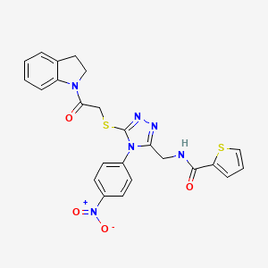molecular formula C24H20N6O4S2 B3000028 N-((5-((2-(indolin-1-yl)-2-oxoethyl)thio)-4-(4-nitrophenyl)-4H-1,2,4-triazol-3-yl)methyl)thiophene-2-carboxamide CAS No. 389072-16-6