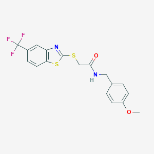 molecular formula C18H15F3N2O2S2 B300009 N-(4-methoxybenzyl)-2-{[5-(trifluoromethyl)-1,3-benzothiazol-2-yl]sulfanyl}acetamide 