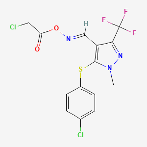 molecular formula C14H10Cl2F3N3O2S B3000103 (E)-({5-[(4-chlorophenyl)sulfanyl]-1-methyl-3-(trifluoromethyl)-1H-pyrazol-4-yl}methylidene)amino 2-chloroacetate CAS No. 321553-33-7