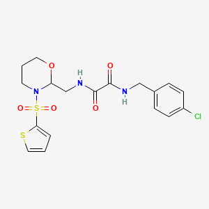 molecular formula C18H20ClN3O5S2 B3000213 N1-(4-chlorobenzyl)-N2-((3-(thiophen-2-ylsulfonyl)-1,3-oxazinan-2-yl)methyl)oxalamide CAS No. 869072-02-6