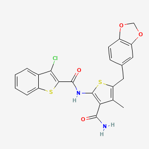 molecular formula C23H17ClN2O4S2 B3000218 N-(5-(苯并[d][1,3]二氧杂环-5-基甲基)-3-氨基甲酰基-4-甲硫代噻吩-2-基)-3-氯苯并[b]噻吩-2-甲酰胺 CAS No. 476368-91-9