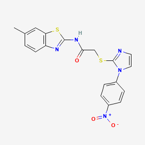 molecular formula C19H15N5O3S2 B3000220 N-(6-methyl-1,3-benzothiazol-2-yl)-2-[1-(4-nitrophenyl)imidazol-2-yl]sulfanylacetamide CAS No. 851079-59-9