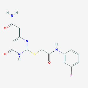 molecular formula C14H13FN4O3S B3000293 2-((4-(2-氨基-2-氧代乙基)-6-氧代-1,6-二氢嘧啶-2-基)硫代)-N-(3-氟苯基)乙酰胺 CAS No. 1105217-23-9