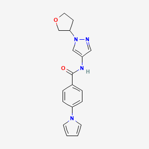 molecular formula C18H18N4O2 B3000315 N-[1-(Oxolan-3-yl)pyrazol-4-yl]-4-pyrrol-1-ylbenzamide CAS No. 1797323-16-0