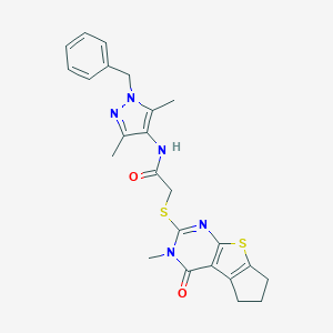 molecular formula C24H25N5O2S2 B300033 N-(1-benzyl-3,5-dimethyl-1H-pyrazol-4-yl)-2-[(3-methyl-4-oxo-3,5,6,7-tetrahydro-4H-cyclopenta[4,5]thieno[2,3-d]pyrimidin-2-yl)thio]acetamide 