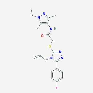 molecular formula C20H23FN6OS B300035 2-{[4-allyl-5-(4-fluorophenyl)-4H-1,2,4-triazol-3-yl]sulfanyl}-N-(1-ethyl-3,5-dimethyl-1H-pyrazol-4-yl)acetamide 