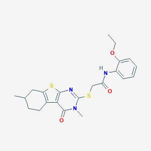 molecular formula C22H25N3O3S2 B300039 2-[(3,7-dimethyl-4-oxo-3,4,5,6,7,8-hexahydro[1]benzothieno[2,3-d]pyrimidin-2-yl)sulfanyl]-N-(2-ethoxyphenyl)acetamide 