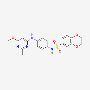 molecular formula C20H20N4O5S B3000426 N-(4-((6-methoxy-2-methylpyrimidin-4-yl)amino)phenyl)-2,3-dihydrobenzo[b][1,4]dioxine-6-sulfonamide CAS No. 946273-98-9