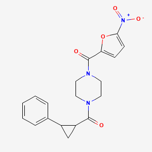molecular formula C19H19N3O5 B3000432 (4-(5-Nitrofuran-2-carbonyl)piperazin-1-yl)(2-phenylcyclopropyl)methanone CAS No. 1210365-41-5