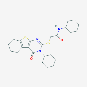 molecular formula C24H33N3O2S2 B300044 N-cyclohexyl-2-[(3-cyclohexyl-4-oxo-3,4,5,6,7,8-hexahydro[1]benzothieno[2,3-d]pyrimidin-2-yl)sulfanyl]acetamide 