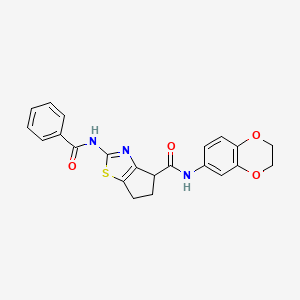 molecular formula C22H19N3O4S B3000454 2-benzamido-N-(2,3-dihydrobenzo[b][1,4]dioxin-6-yl)-5,6-dihydro-4H-cyclopenta[d]thiazole-4-carboxamide CAS No. 941879-94-3