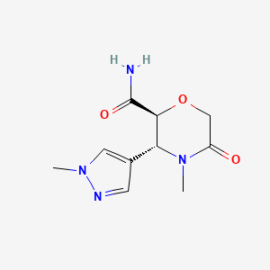 molecular formula C10H14N4O3 B3000535 (2S,3R)-4-Methyl-3-(1-methylpyrazol-4-yl)-5-oxomorpholine-2-carboxamide CAS No. 1807939-01-0