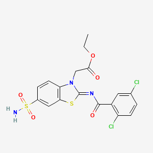 molecular formula C18H15Cl2N3O5S2 B3000554 Ethyl 2-[2-(2,5-dichlorobenzoyl)imino-6-sulfamoyl-1,3-benzothiazol-3-yl]acetate CAS No. 887209-76-9