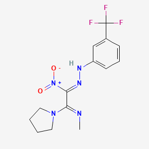 molecular formula C14H16F3N5O2 B3000570 N-[(Z)-(2-methylimino-1-nitro-2-pyrrolidin-1-ylethylidene)amino]-3-(trifluoromethyl)aniline CAS No. 338416-91-4