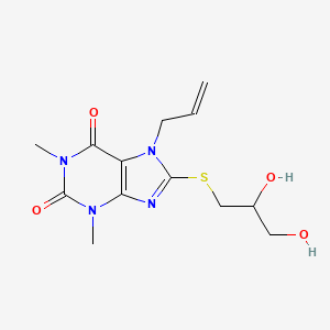 molecular formula C13H18N4O4S B3000682 8-(2,3-Dihydroxypropylsulfanyl)-1,3-dimethyl-7-prop-2-enylpurine-2,6-dione CAS No. 378201-02-6