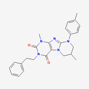 molecular formula C25H27N5O2 B3000689 1,7-二甲基-3-苯乙基-9-(对甲苯基)-6,7,8,9-四氢嘧啶并[2,1-f]嘌呤-2,4(1H,3H)-二酮 CAS No. 848221-04-5