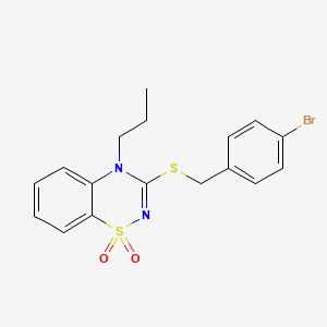 molecular formula C17H17BrN2O2S2 B3000767 3-[(4-bromobenzyl)thio]-4-propyl-4H-1,2,4-benzothiadiazine 1,1-dioxide CAS No. 892360-96-2