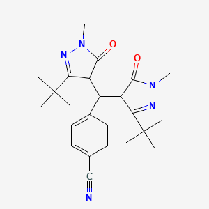 molecular formula C24H31N5O2 B3000806 4-(Bis(3-(tert-butyl)-1-methyl-5-oxo-2-pyrazolin-4-YL)methyl)benzenecarbonitrile CAS No. 1022584-84-4