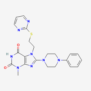 molecular formula C22H24N8O2S B3000841 3-methyl-8-(4-phenylpiperazin-1-yl)-7-(2-(pyrimidin-2-ylthio)ethyl)-1H-purine-2,6(3H,7H)-dione CAS No. 714292-19-0