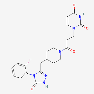 molecular formula C21H23FN6O4 B3000842 1-(3-(4-((4-(2-fluorophenyl)-5-oxo-4,5-dihydro-1H-1,2,4-triazol-3-yl)methyl)piperidin-1-yl)-3-oxopropyl)pyrimidine-2,4(1H,3H)-dione CAS No. 2034233-59-3