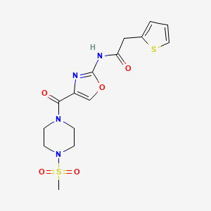 molecular formula C15H18N4O5S2 B3000844 N-(4-(4-(methylsulfonyl)piperazine-1-carbonyl)oxazol-2-yl)-2-(thiophen-2-yl)acetamide CAS No. 1396784-33-0