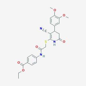 molecular formula C25H25N3O6S B3000898 Ethyl 4-[({[3-cyano-4-(3,4-dimethoxyphenyl)-6-hydroxy-4,5-dihydropyridin-2-yl]sulfanyl}acetyl)amino]benzoate CAS No. 799825-76-6