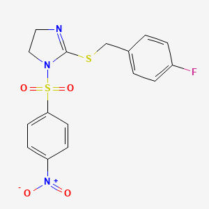 molecular formula C16H14FN3O4S2 B3001041 2-[(4-Fluorophenyl)methylsulfanyl]-1-(4-nitrophenyl)sulfonyl-4,5-dihydroimidazole CAS No. 868216-89-1