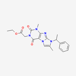 molecular formula C21H23N5O4 B3001055 ethyl 2-(1,7-dimethyl-2,4-dioxo-8-(1-phenylethyl)-1H-imidazo[2,1-f]purin-3(2H,4H,8H)-yl)acetate CAS No. 915927-85-4