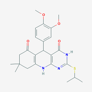 molecular formula C24H29N3O4S B3001107 5-(3,4-dimethoxyphenyl)-2-(isopropylthio)-8,8-dimethyl-7,8,9,10-tetrahydropyrimido[4,5-b]quinoline-4,6(3H,5H)-dione CAS No. 627048-57-1