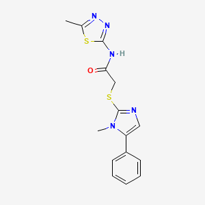 molecular formula C15H15N5OS2 B3001141 N-(5-methyl-1,3,4-thiadiazol-2-yl)-2-((1-methyl-5-phenyl-1H-imidazol-2-yl)thio)acetamide CAS No. 921520-72-1