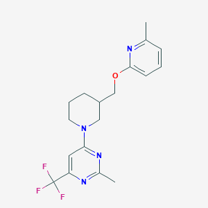 molecular formula C18H21F3N4O B3001148 2-Methyl-4-[3-[(6-methylpyridin-2-yl)oxymethyl]piperidin-1-yl]-6-(trifluoromethyl)pyrimidine CAS No. 2415466-55-4