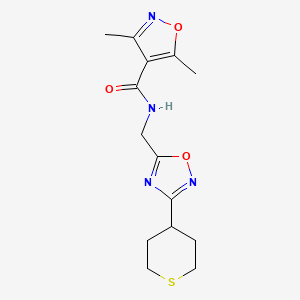 molecular formula C14H18N4O3S B3001149 3,5-dimethyl-N-((3-(tetrahydro-2H-thiopyran-4-yl)-1,2,4-oxadiazol-5-yl)methyl)isoxazole-4-carboxamide CAS No. 2034562-66-6