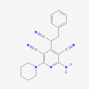 molecular formula C21H20N6 B3001157 2-Amino-4-(1-cyano-2-phenylethyl)-6-piperidin-1-ylpyridine-3,5-dicarbonitrile CAS No. 730957-08-1