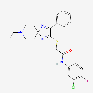 molecular formula C23H24ClFN4OS B3001205 N-(3-chloro-4-fluorophenyl)-2-((8-ethyl-3-phenyl-1,4,8-triazaspiro[4.5]deca-1,3-dien-2-yl)thio)acetamide CAS No. 1189713-49-2