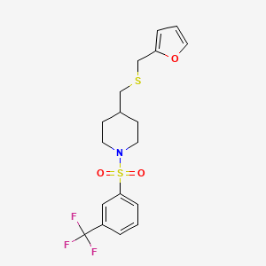 molecular formula C18H20F3NO3S2 B3001299 4-(((Furan-2-ylmethyl)thio)methyl)-1-((3-(trifluoromethyl)phenyl)sulfonyl)piperidine CAS No. 1396857-76-3