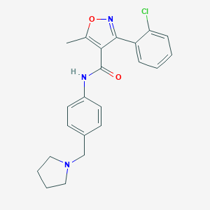 molecular formula C22H22ClN3O2 B300131 3-(2-chlorophenyl)-5-methyl-N-[4-(1-pyrrolidinylmethyl)phenyl]-4-isoxazolecarboxamide 