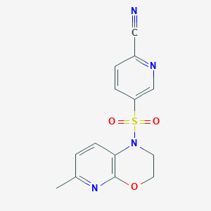 molecular formula C14H12N4O3S B3001345 5-({6-methyl-1H,2H,3H-pyrido[2,3-b][1,4]oxazin-1-yl}sulfonyl)pyridine-2-carbonitrile CAS No. 1825457-43-9