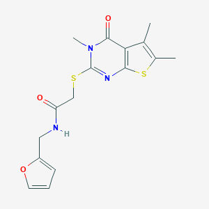 molecular formula C16H17N3O3S2 B300144 N-(2-furylmethyl)-2-[(3,5,6-trimethyl-4-oxo-3,4-dihydrothieno[2,3-d]pyrimidin-2-yl)sulfanyl]acetamide 