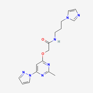 molecular formula C16H19N7O2 B3001499 N-(3-(1H-imidazol-1-yl)propyl)-2-((2-methyl-6-(1H-pyrazol-1-yl)pyrimidin-4-yl)oxy)acetamide CAS No. 1421444-20-3