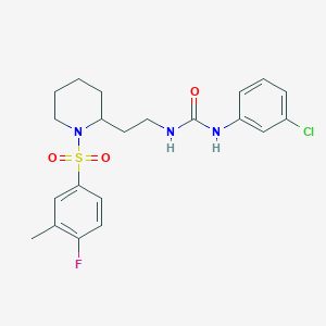 molecular formula C21H25ClFN3O3S B3001505 1-(3-氯苯基)-3-(2-(1-((4-氟-3-甲基苯基)磺酰基)哌啶-2-基)乙基)脲 CAS No. 898460-87-2