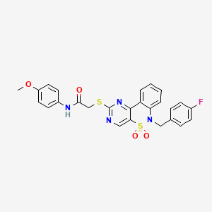 molecular formula C26H21FN4O4S2 B3001531 2-((6-(4-fluorobenzyl)-5,5-dioxido-6H-benzo[c]pyrimido[4,5-e][1,2]thiazin-2-yl)thio)-N-(4-methoxyphenyl)acetamide CAS No. 895097-78-6