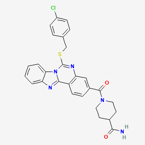1-[6-[(4-Chlorophenyl)methylsulfanyl]benzimidazolo[1,2-c]quinazoline-3-carbonyl]piperidine-4-carboxamide