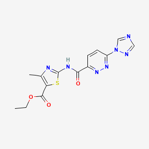 molecular formula C14H13N7O3S B3001813 ethyl 2-(6-(1H-1,2,4-triazol-1-yl)pyridazine-3-carboxamido)-4-methylthiazole-5-carboxylate CAS No. 1448078-03-2