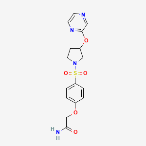 molecular formula C16H18N4O5S B3001895 2-(4-((3-(Pyrazin-2-yloxy)pyrrolidin-1-yl)sulfonyl)phenoxy)acetamide CAS No. 2034251-73-3