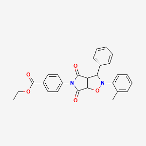 molecular formula C27H24N2O5 B3001941 ethyl 4-[2-(2-methylphenyl)-4,6-dioxo-3-phenylhexahydro-5H-pyrrolo[3,4-d]isoxazol-5-yl]benzoate CAS No. 1005115-87-6