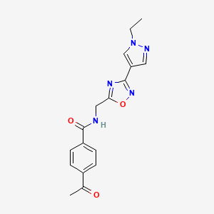 molecular formula C17H17N5O3 B3002022 4-acetyl-N-((3-(1-ethyl-1H-pyrazol-4-yl)-1,2,4-oxadiazol-5-yl)methyl)benzamide CAS No. 2034534-84-2