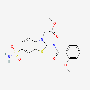 molecular formula C18H17N3O6S2 B3002038 2-[2-(2-甲氧基苯甲酰)亚氨基-6-磺酰氨基-1,3-苯并噻唑-3-基]乙酸甲酯 CAS No. 865199-17-3